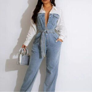 Women's Blue Denim Full-length Shirt-type Jumpsuit